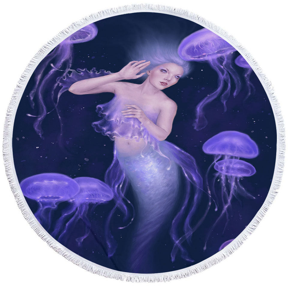 Underwater Art Purple Jellyfish and Mermaid Circle Beach Towel
