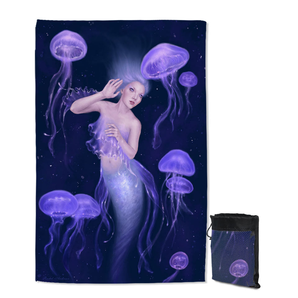 Underwater Art Purple Jellyfish and Mermaid Lightweight Beach Towel