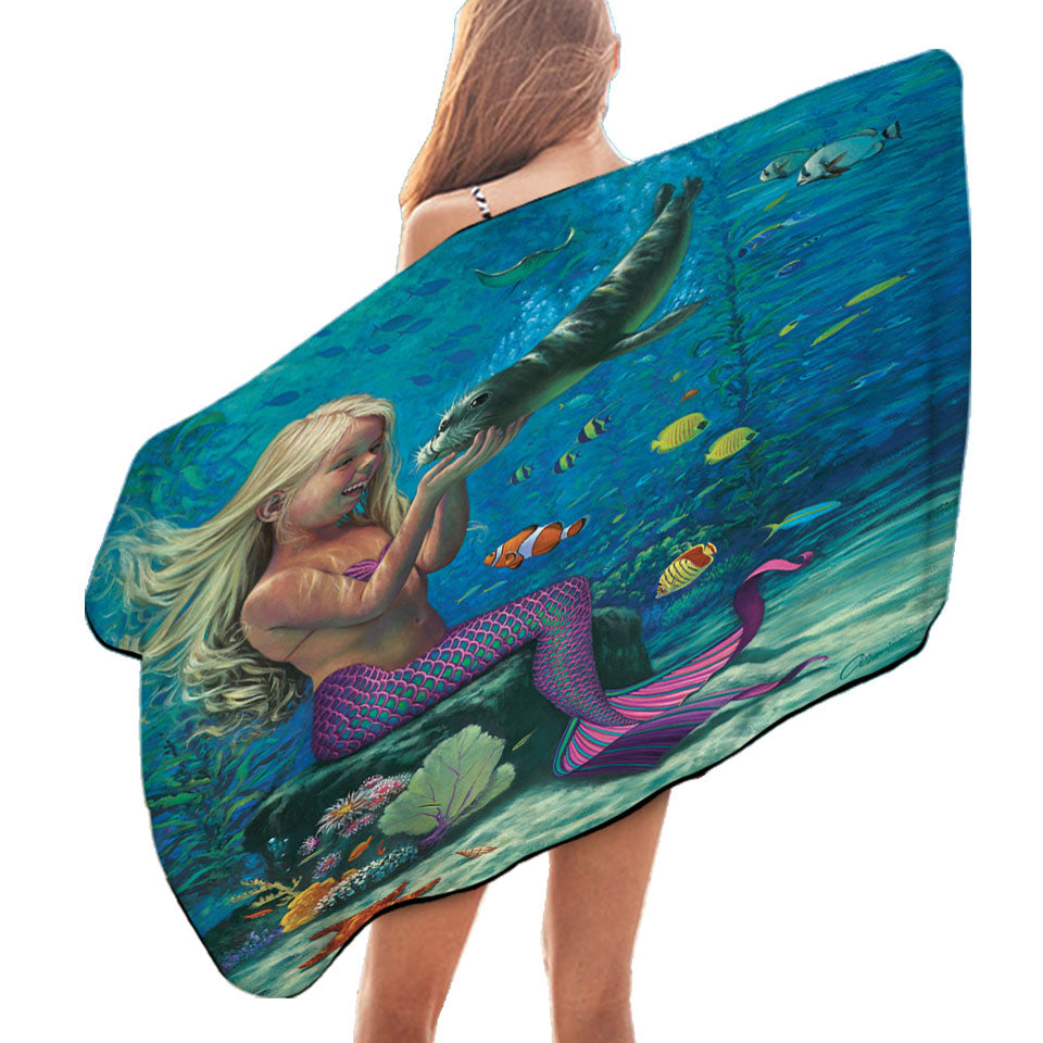 Underwater Beach Towels Friends Baby Seal and Girl Mermaid