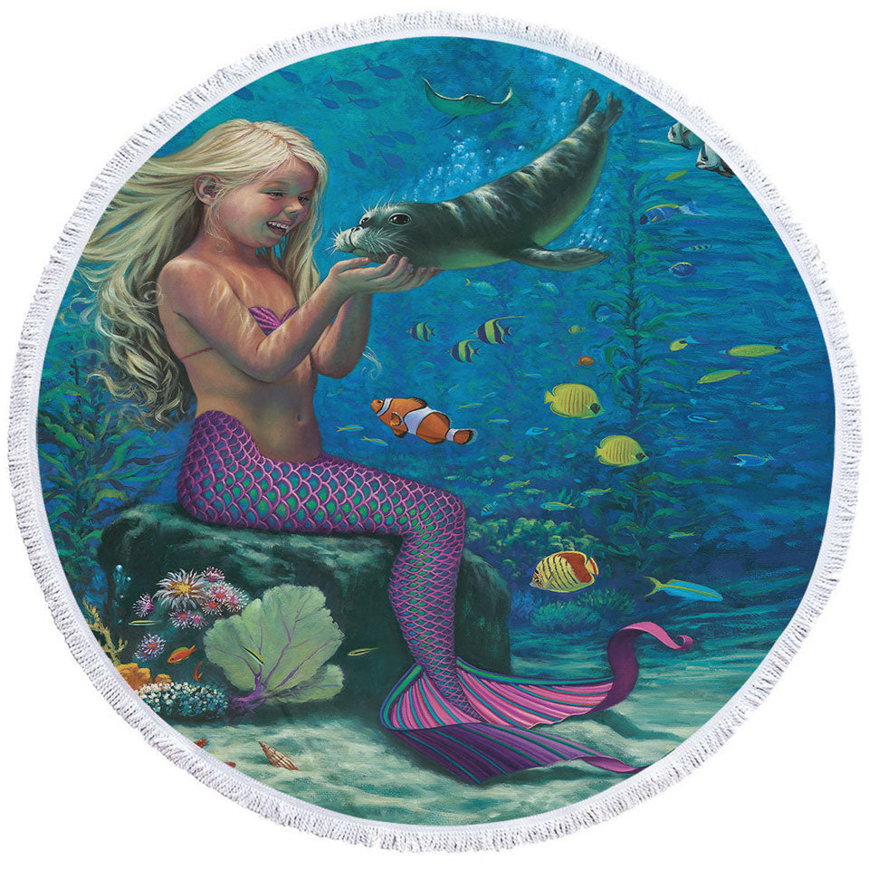 Underwater Circle Towel Friends Baby Seal and Girl Mermaid