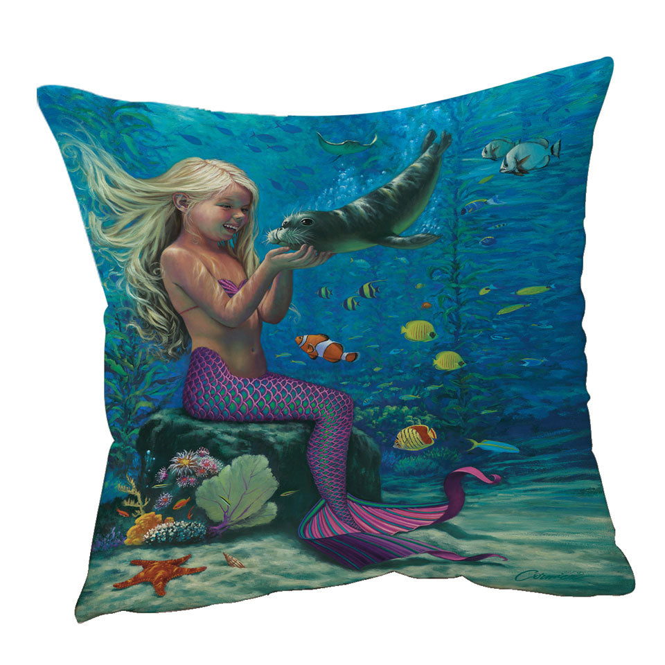 Underwater Cushion Covers Friends Baby Seal and Girl Mermaid