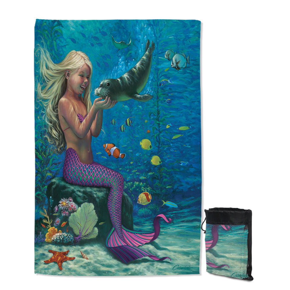 Underwater Lightweight Beach Towel Friends Baby Seal and Girl Mermaid