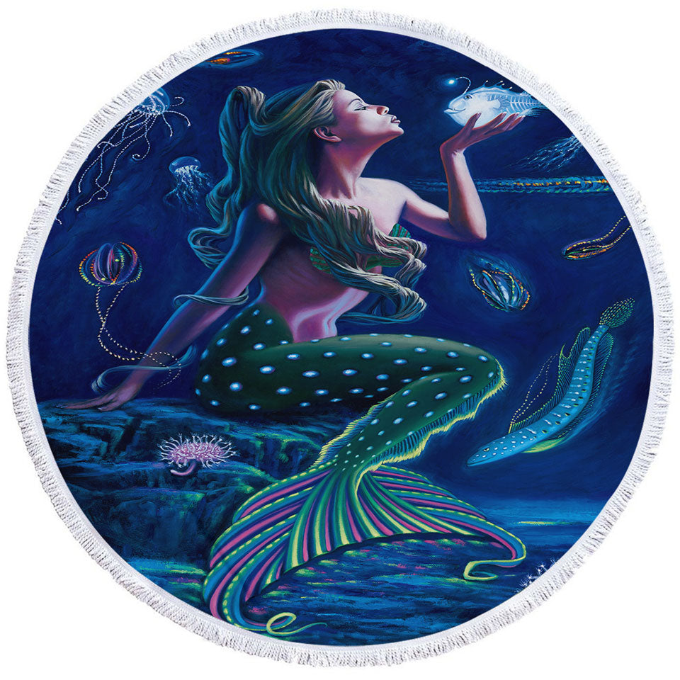 Underwater Mermaid Round Beach Towel with Fish and Jellyfish