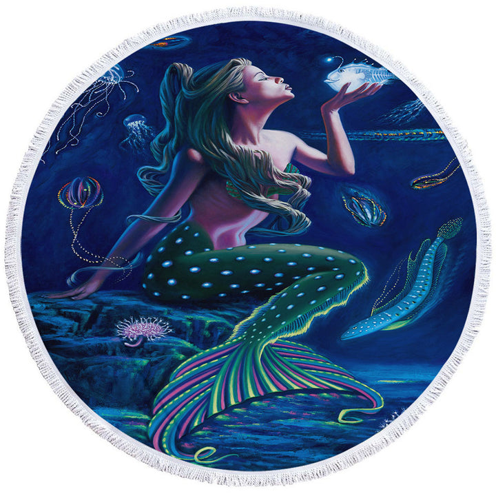 Underwater Mermaid Round Beach Towel with Fish and Jellyfish