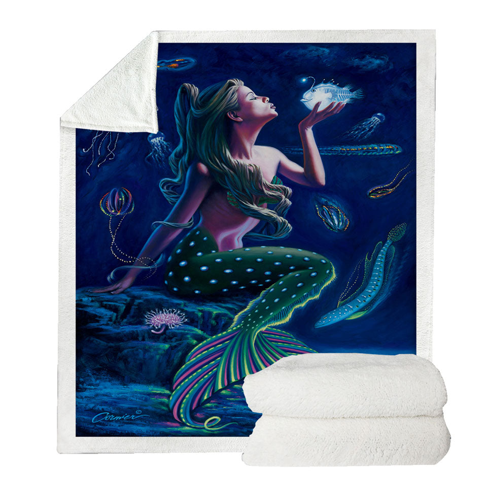 Underwater Mermaid Throw Blanket with Fish and Jellyfish