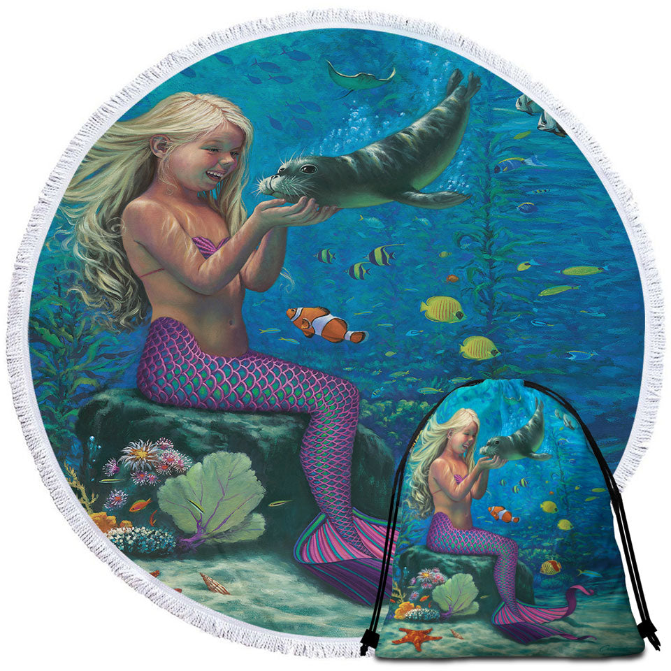 Underwater Round Beach Towel Friends Baby Seal and Girl Mermaid