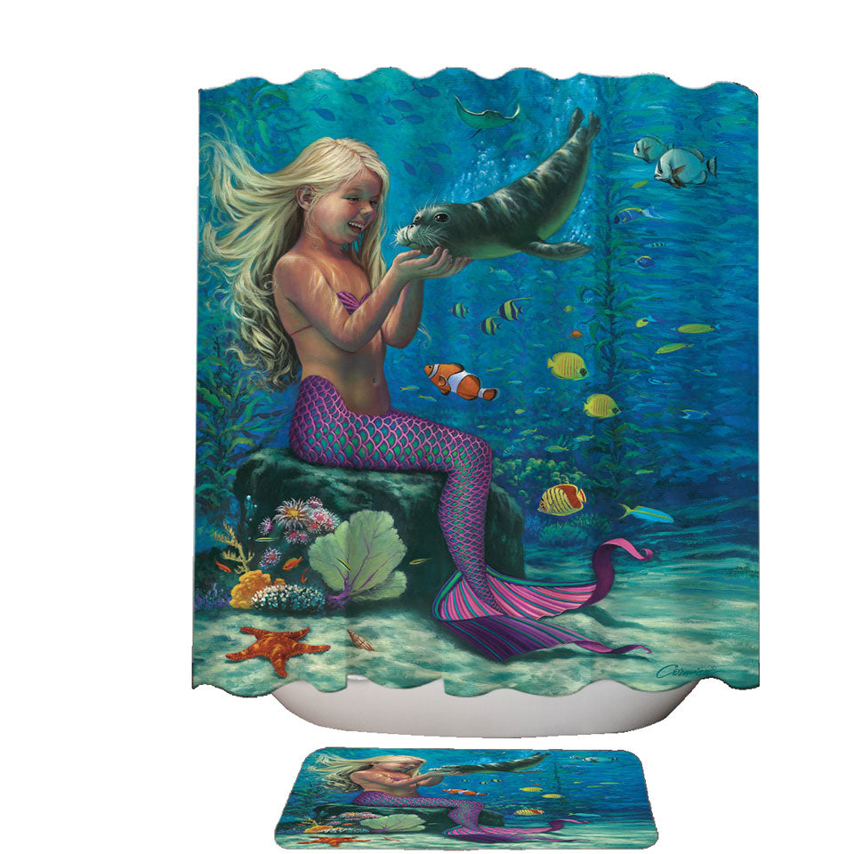 Underwater Shower Curtains Friends Baby Seal and Girl Mermaid