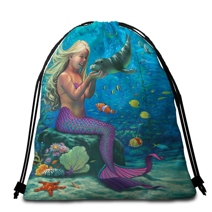 Underwater Travel Beach Towel Friends Baby Seal and Girl Mermaid