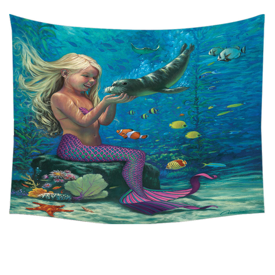 Underwater Wall Decor Friends Baby Seal and Girl Mermaid Tapestry