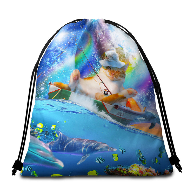 Unique Beach Bags and Towels Cool Cute and Funny Space Cat Ocean Fishing