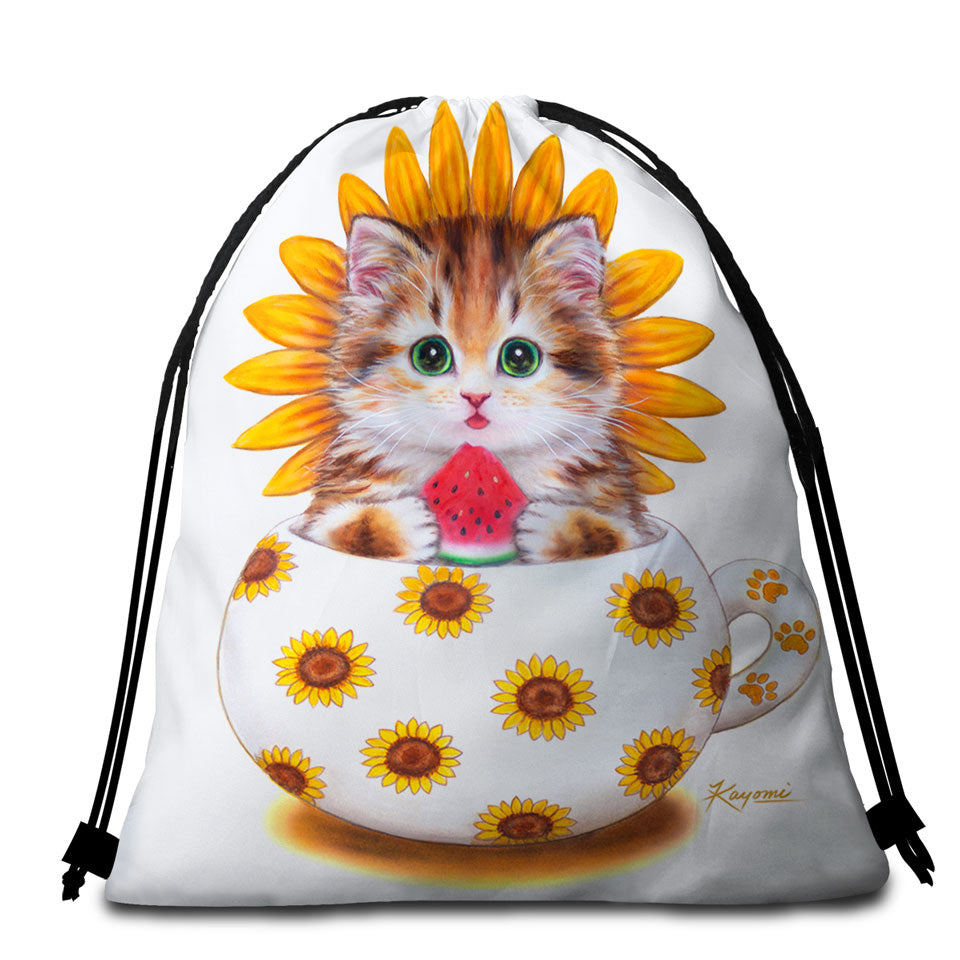 Unique Beach Towel Bags for Children Cute Cat Art Paintings the Sunflower Cup Kitten