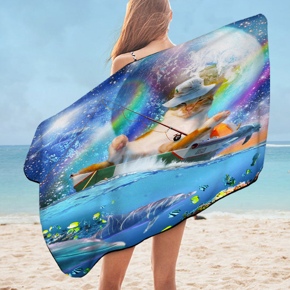 Unique Beach Towels Cool Cute and Funny Space Cat Ocean Fishing