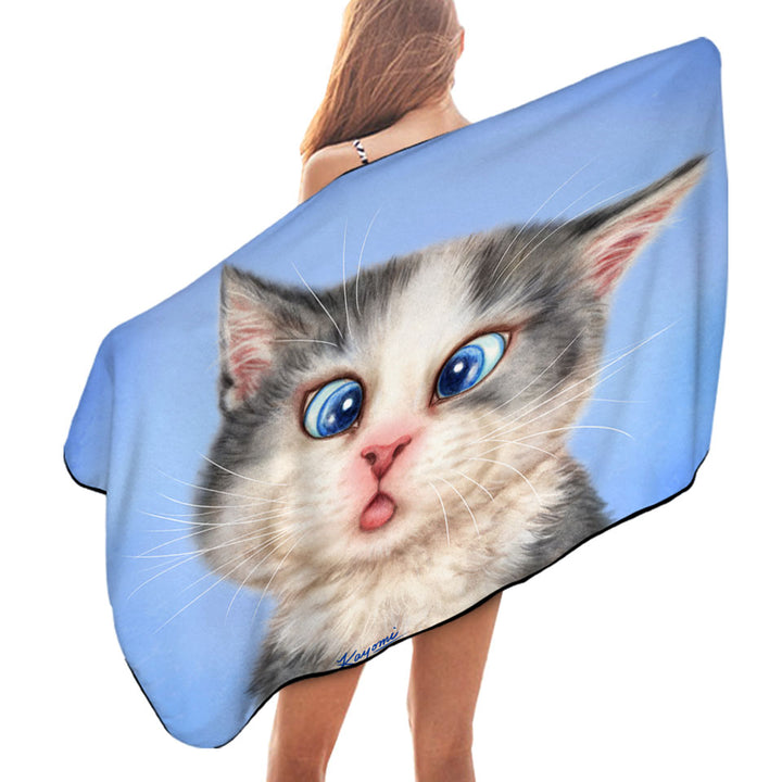 Unique Beach Towels Features Cats Funny Faces Drawings Blue Eyes Grey Kitten