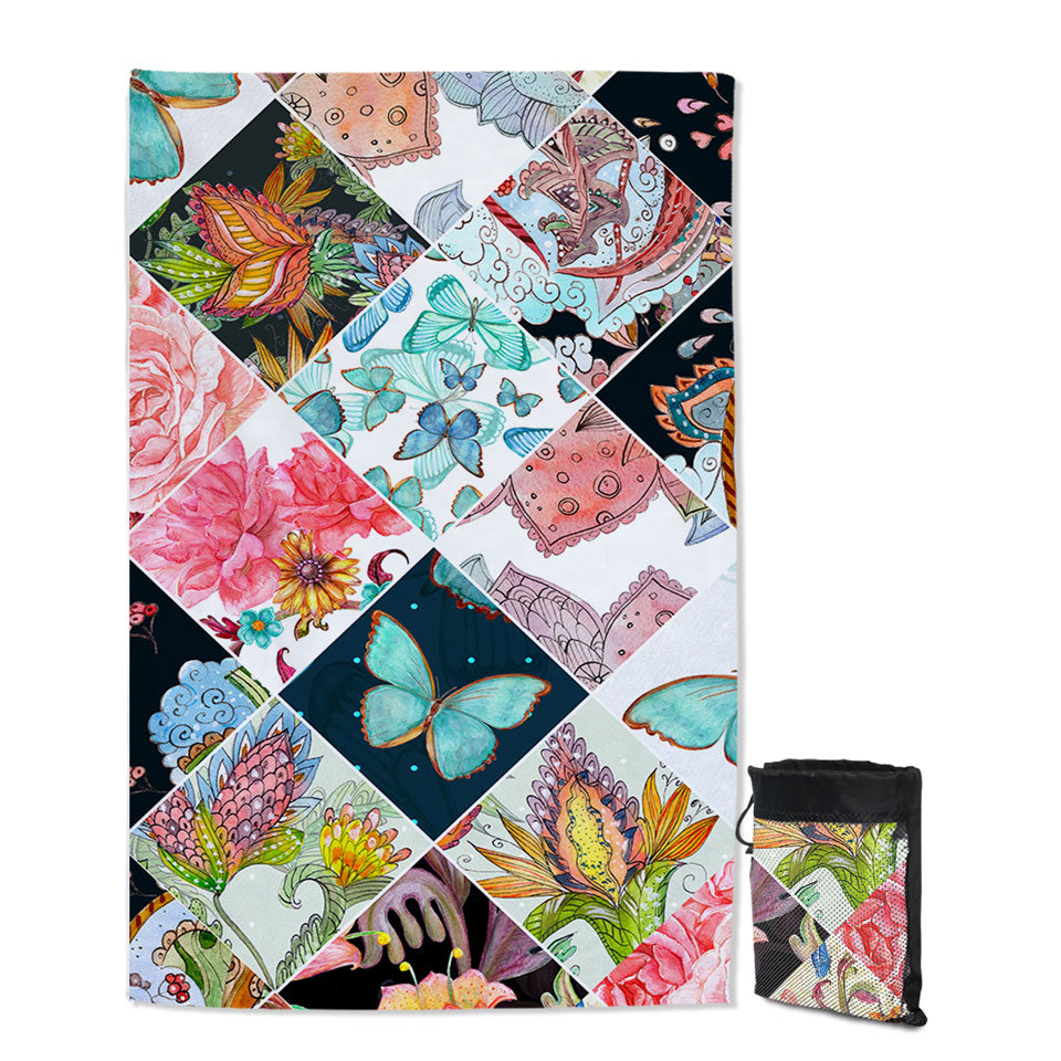 Unique Beach Towels Rhombuses of Flowers and Butterflies