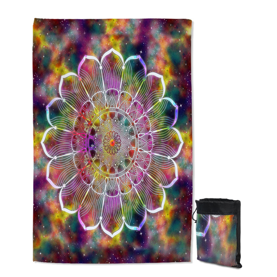 Unique Beach Towels White Flower Mandala over Colorful Space