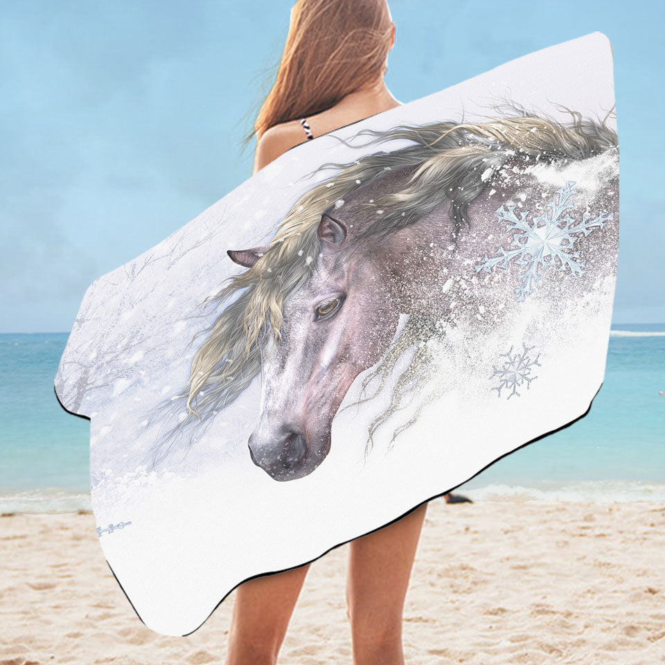 Unique Beach Towels Winter Snow and Bright Hair White Horse