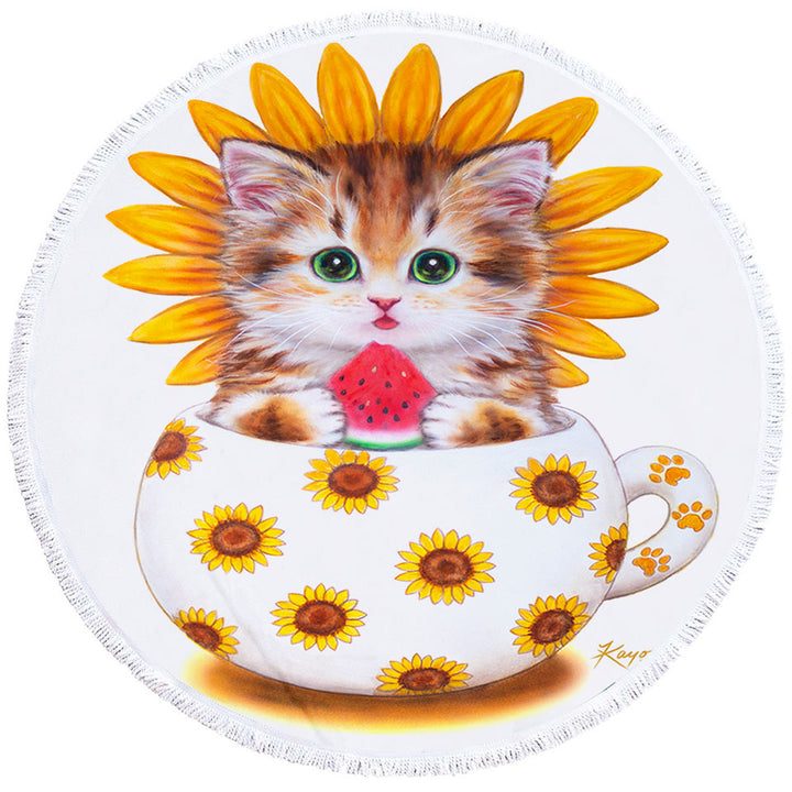 Unique Beach Towels for Children Cute Cat Art Paintings the Sunflower Cup Kitten
