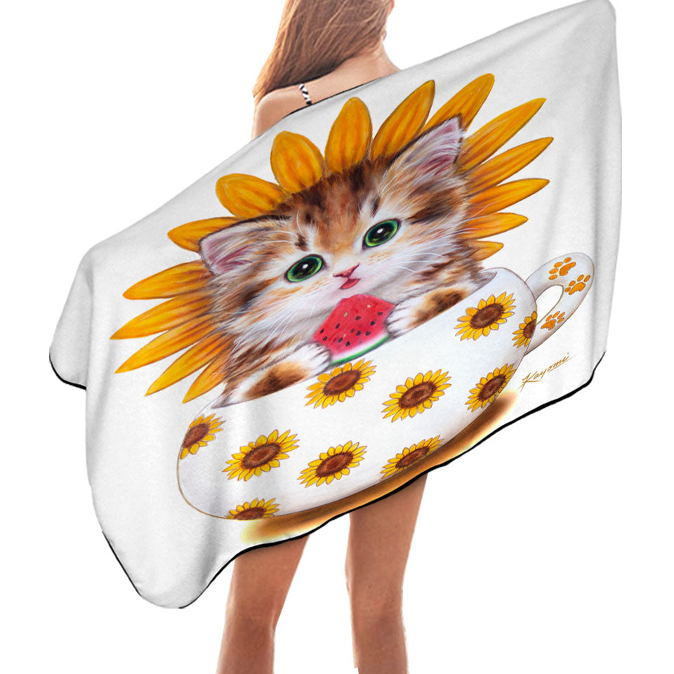 Unique Beach Towels for Kids Cute Cat Art Paintings the Sunflower Cup Kitten
