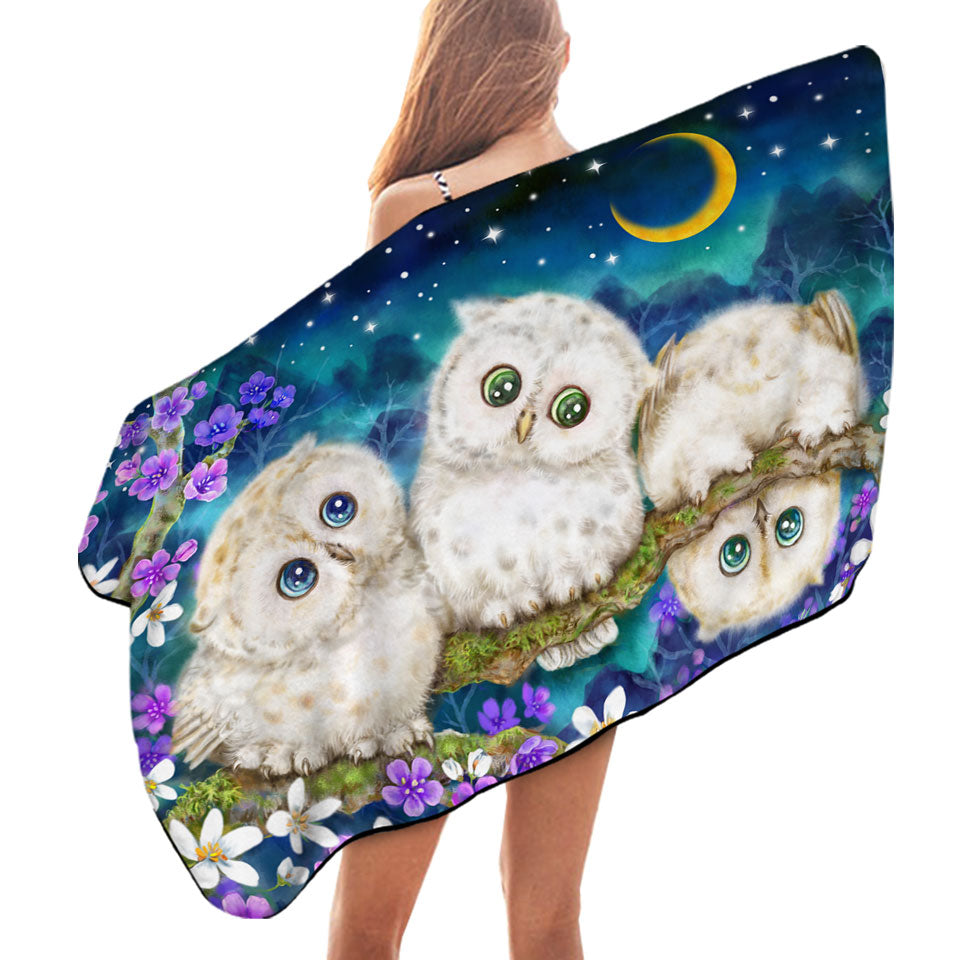 Unique Beach Towels of Wild Birds Art Cute Night Flowers and Owls