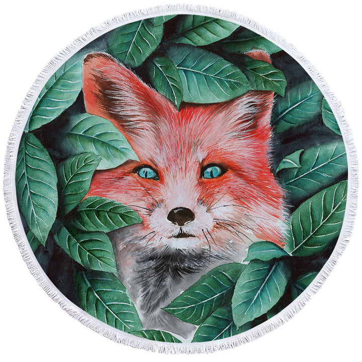 Unique Beach Towels with Green Leaves and Cute Hidden Fox