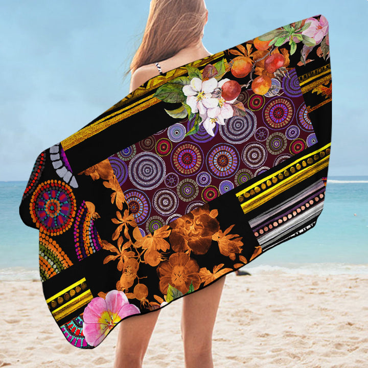 Unique Beach Towels with Mandalas and Flowers Dark Messy Design