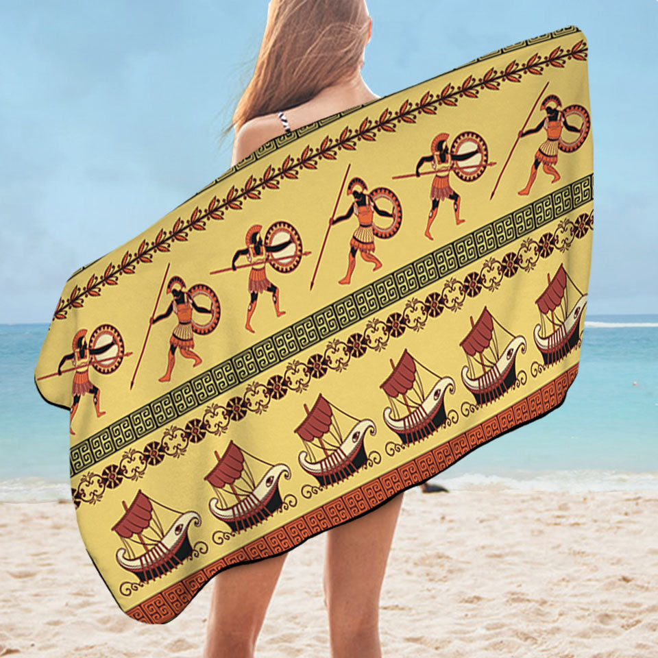 Unique Beach Towels with Roman Warriors and Boats Mens Pattern
