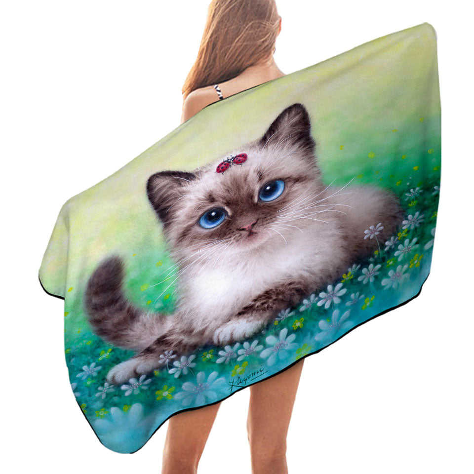 Unique Beach Towels with Stunning Cat Painting Ladybugs and Kitten