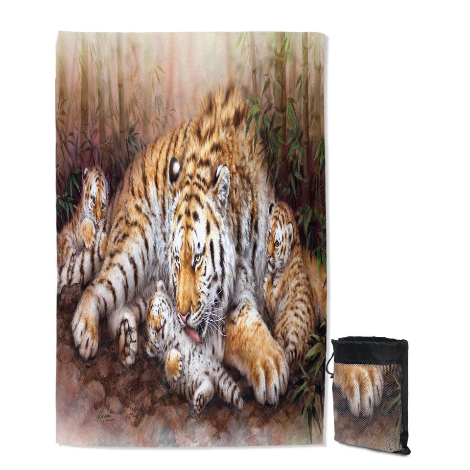 Unique Beach Towels with Wildlife Animal Art Tiger Family in Bamboo Forest