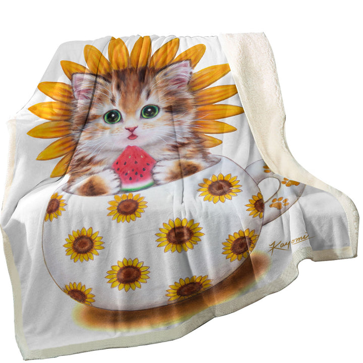 Unique Fleece Blankets for Kids Cute Cat Art Paintings the Sunflower Cup Kitten