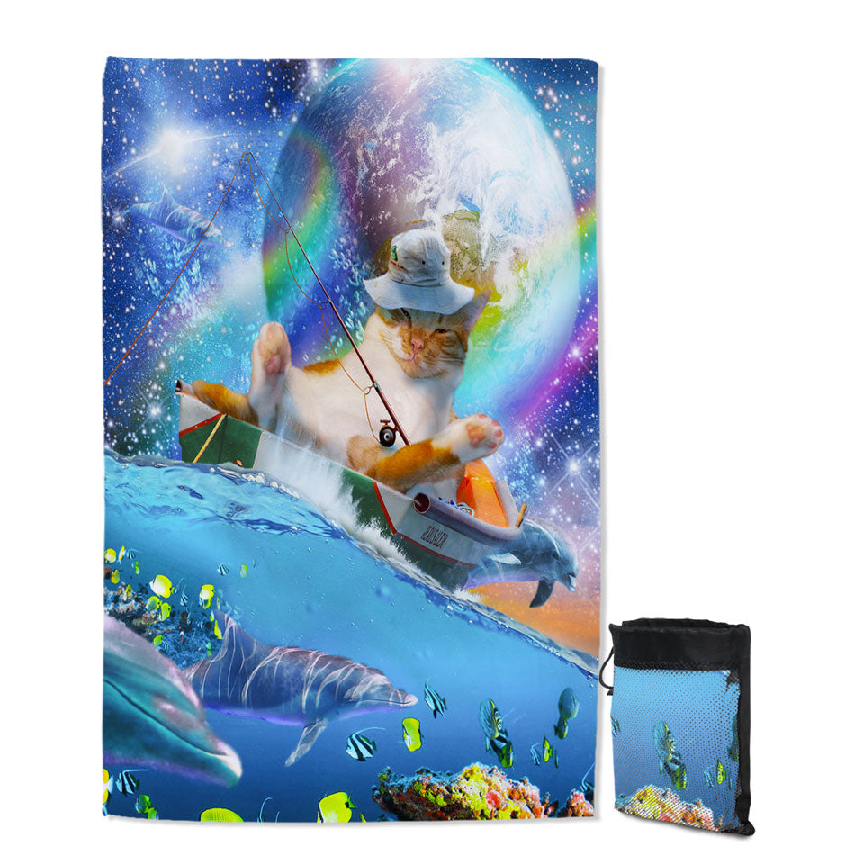 Unique Lightweight Beach Towel Cool Cute and Funny Space Cat Ocean Fishing