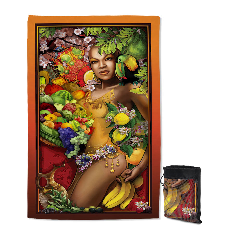 Unique Lightweight Beach Towel Stunning Black Woman Goddess of Fruit