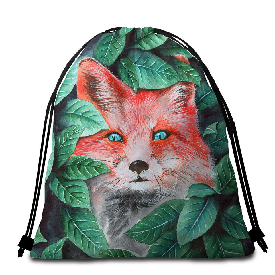 Unique Packable Beach Towel with Green Leaves and Cute Hidden Fox