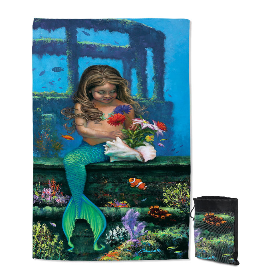 Unique Quick Dry Beach Towels with Cute Girl Mermaid and Underwater Flowers