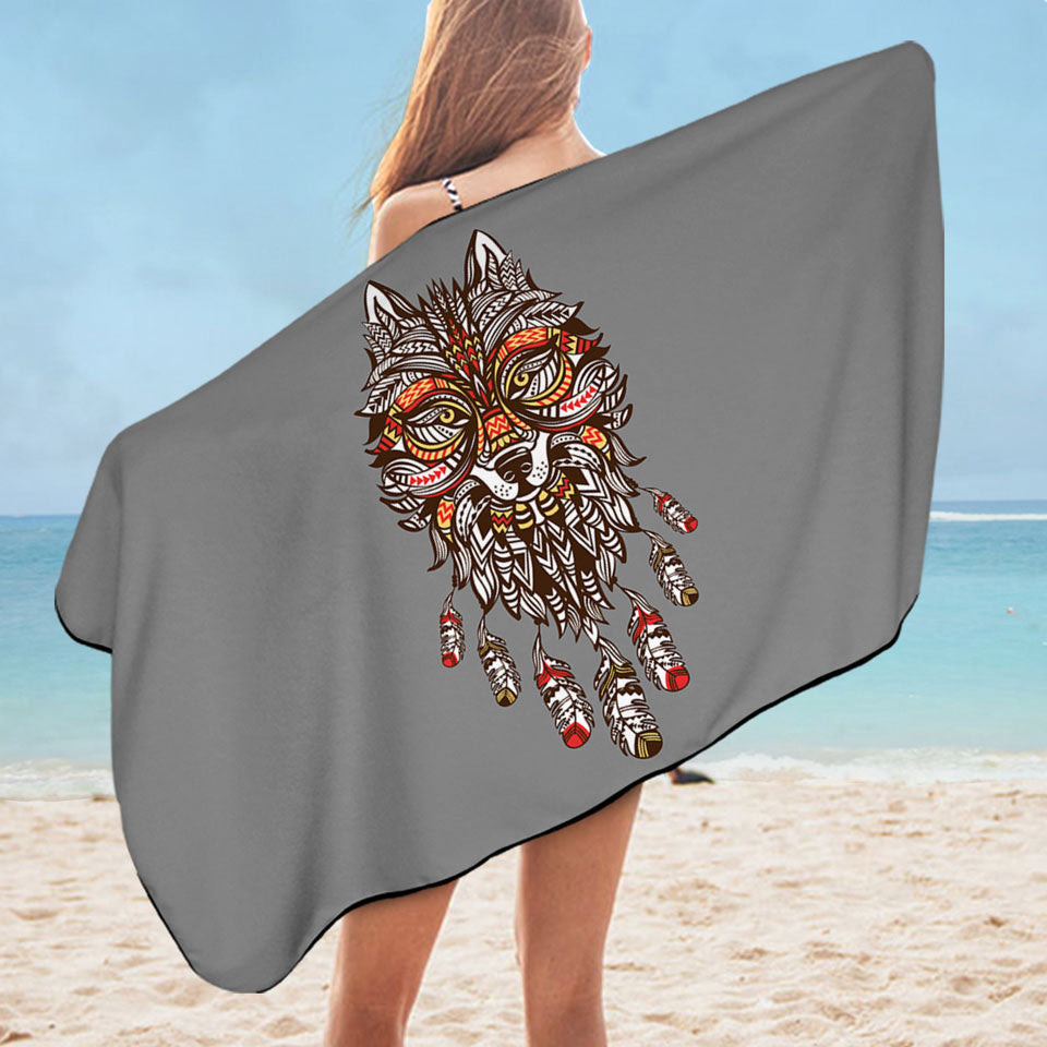 Unique Red and Yellow Native American Wolf Pool Towel