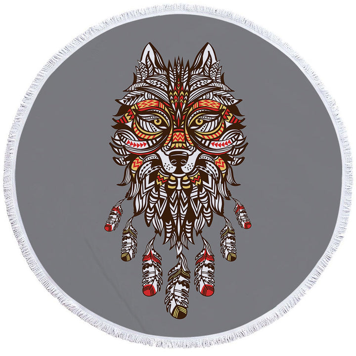 Unique Red and Yellow Native American Wolf Round Towel