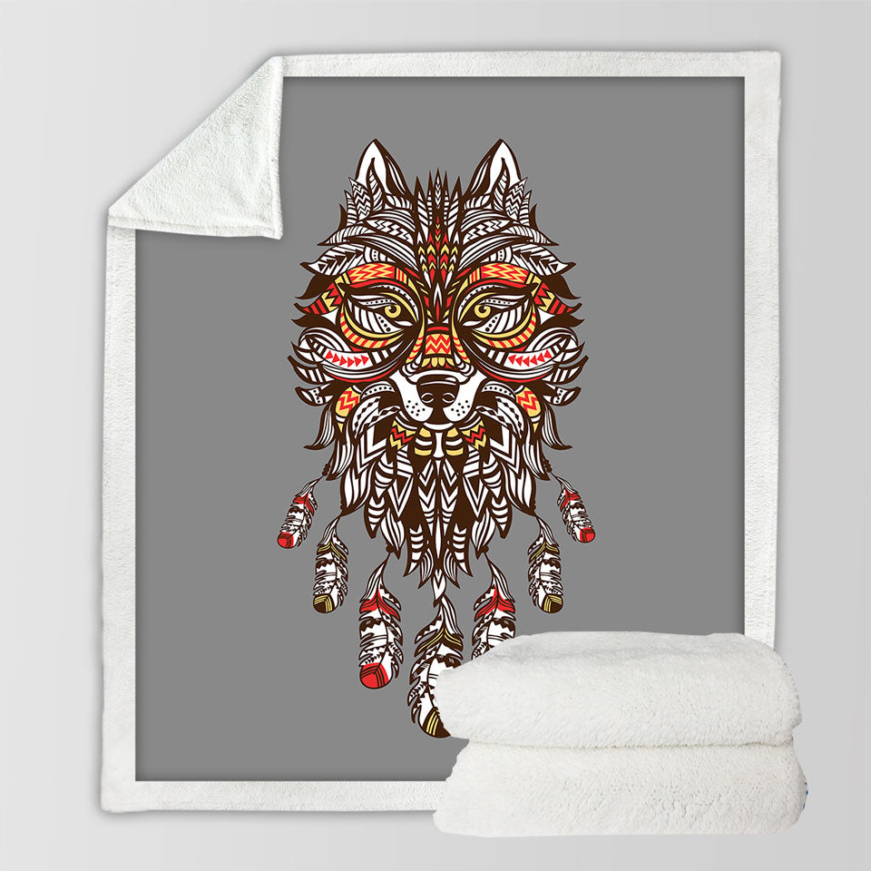 Unique Red and Yellow Native American Wolf Sofa Blankets
