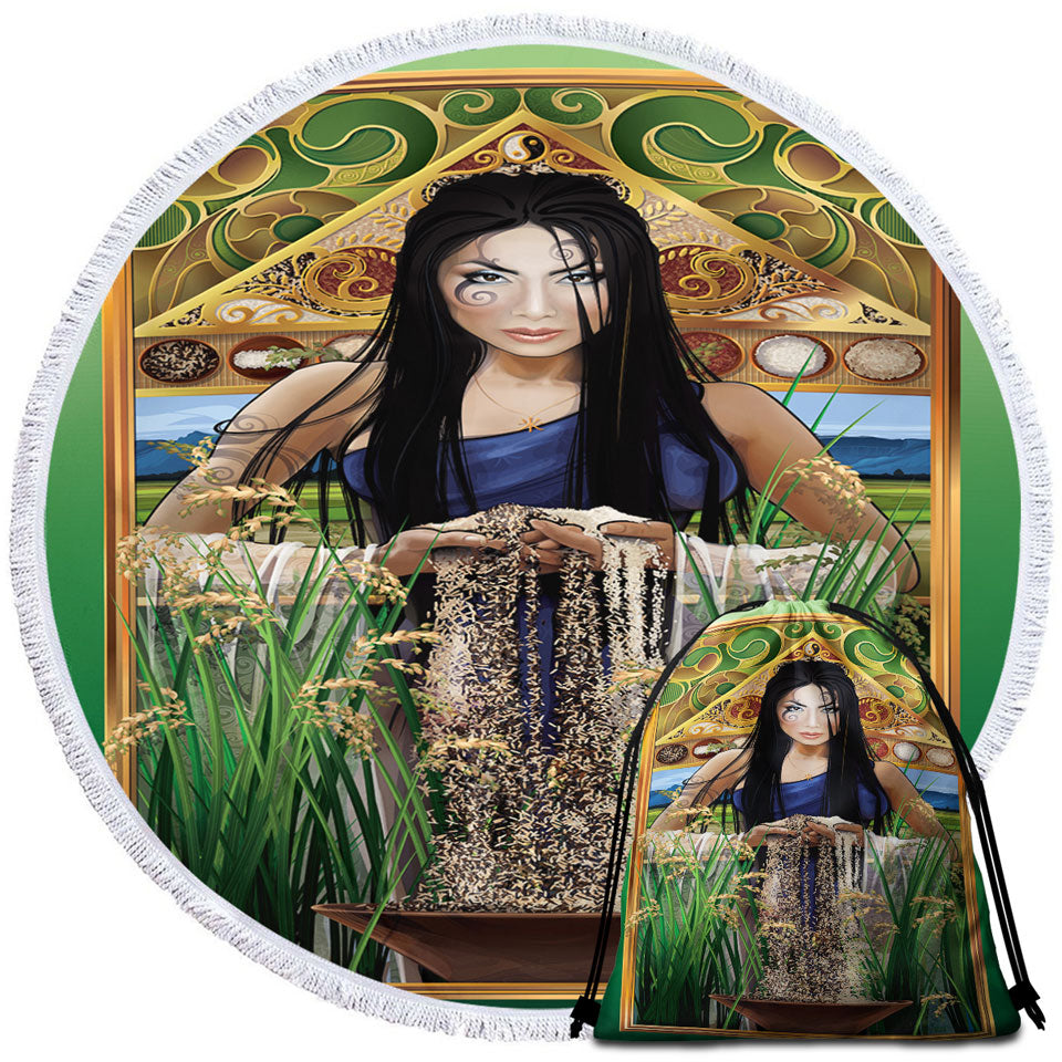 Unique Round Beach Towel Cool Woman Art Goddess of Rice