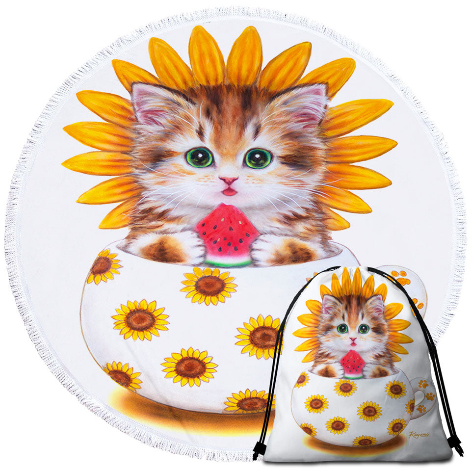 Unique Round Beach Towel for Kids Cute Cat Art Paintings the Sunflower Cup Kitten