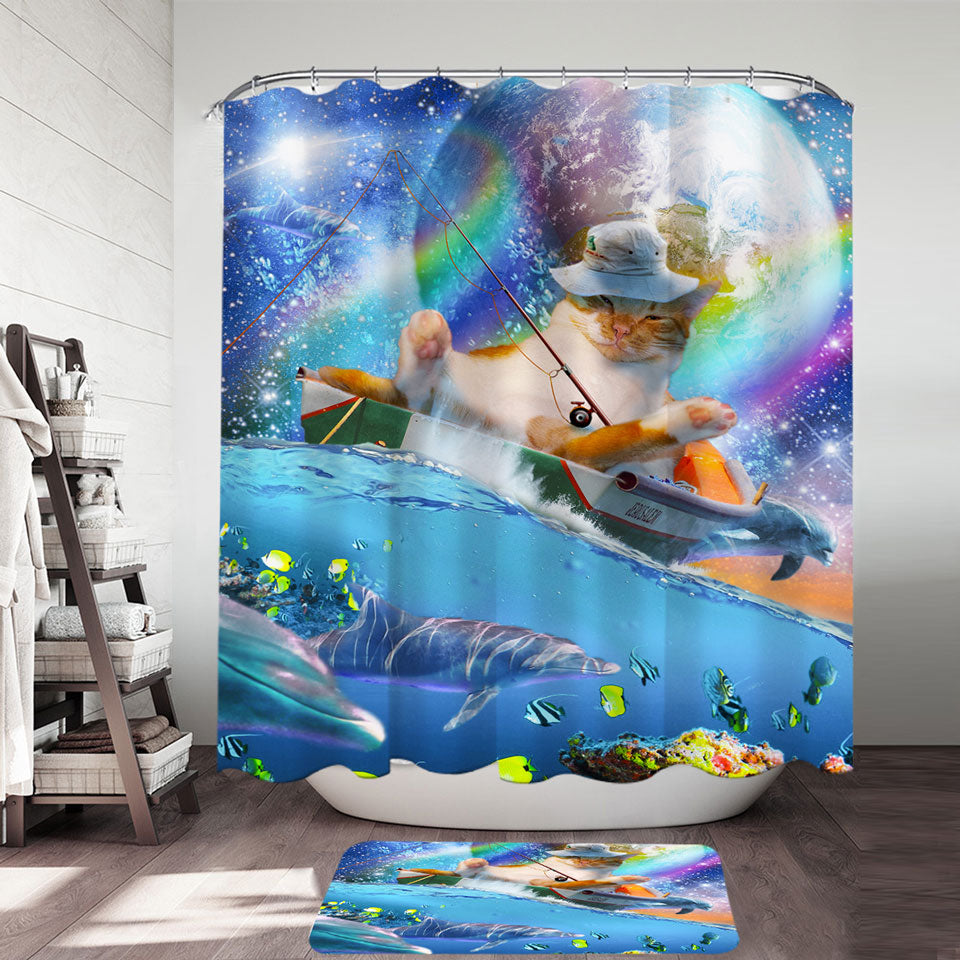 Unique Shower Curtains Cool Cute and Funny Space Cat Ocean Fishing
