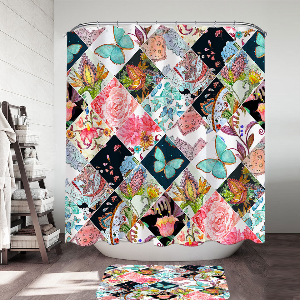 Unique Shower Curtains Rhombuses of Flowers and Butterflies