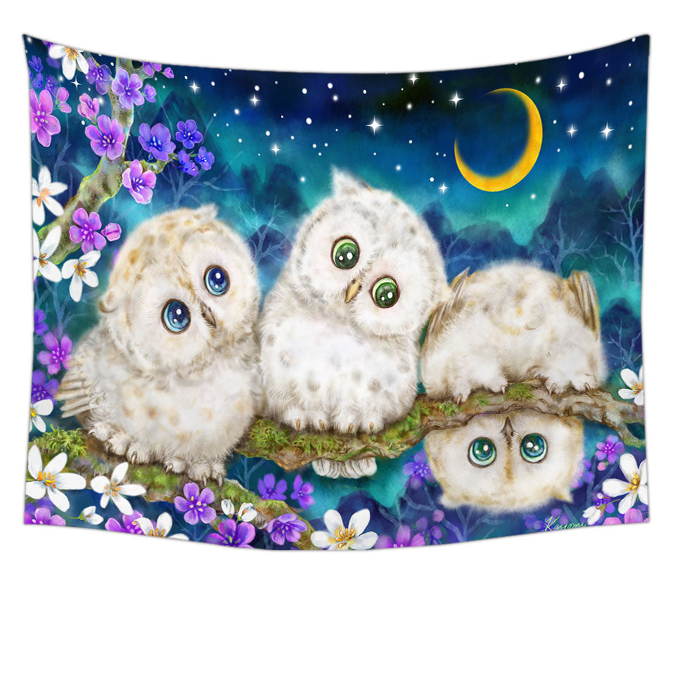 Unique Tapestry Wall Decor of Wild Birds Art Cute Night Flowers and Owls