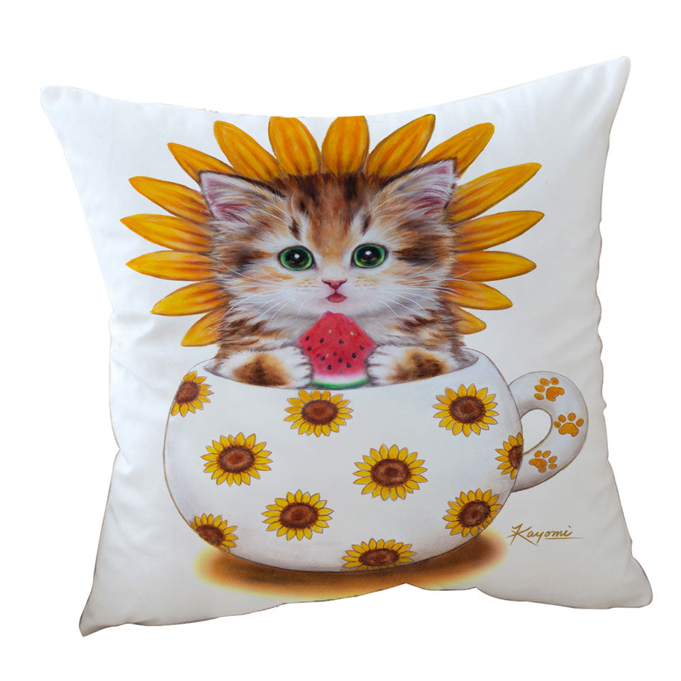 Unique Throw Pillows for Kids Cute Cat Art Paintings the Sunflower Cup Kitten