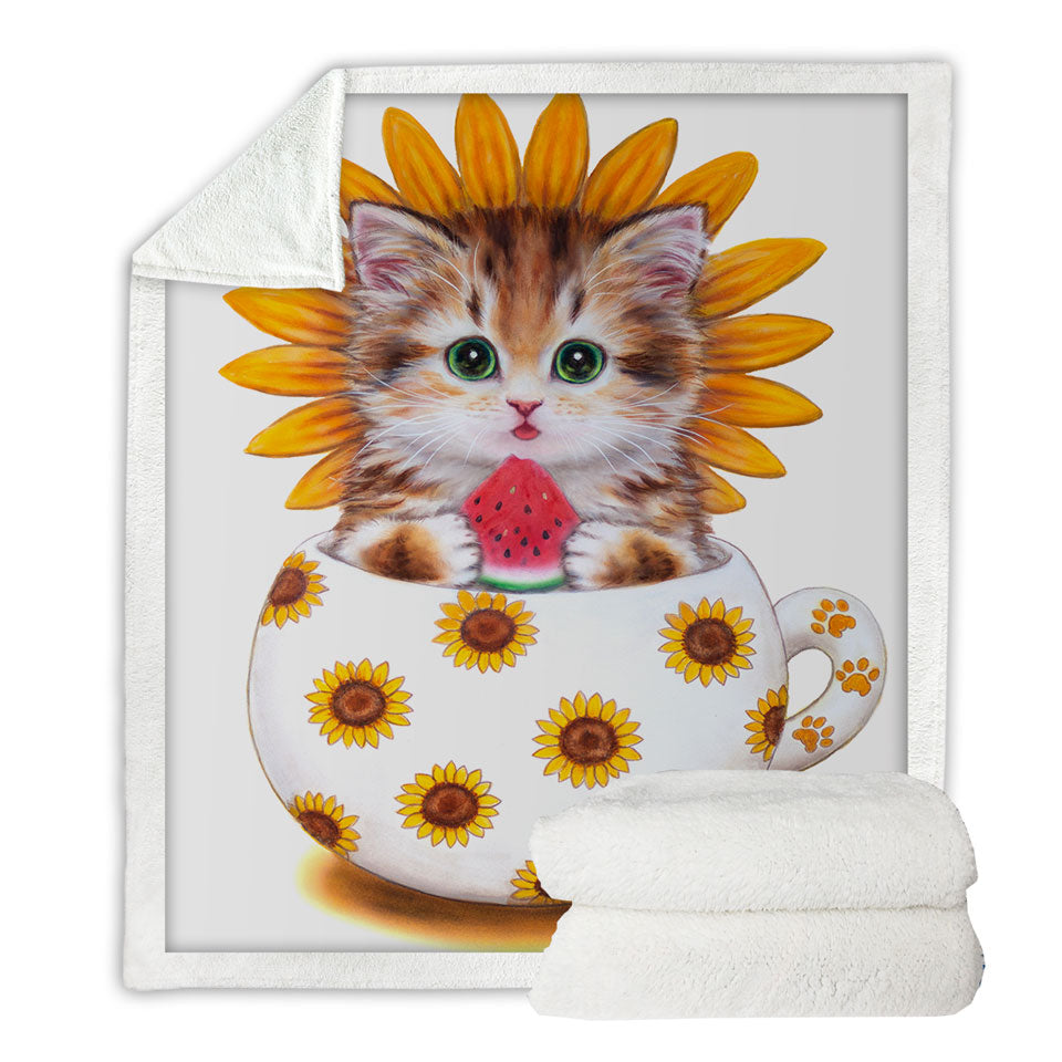 Unique Throws for Childrens Cute Cat Art Paintings the Sunflower Cup Kitten
