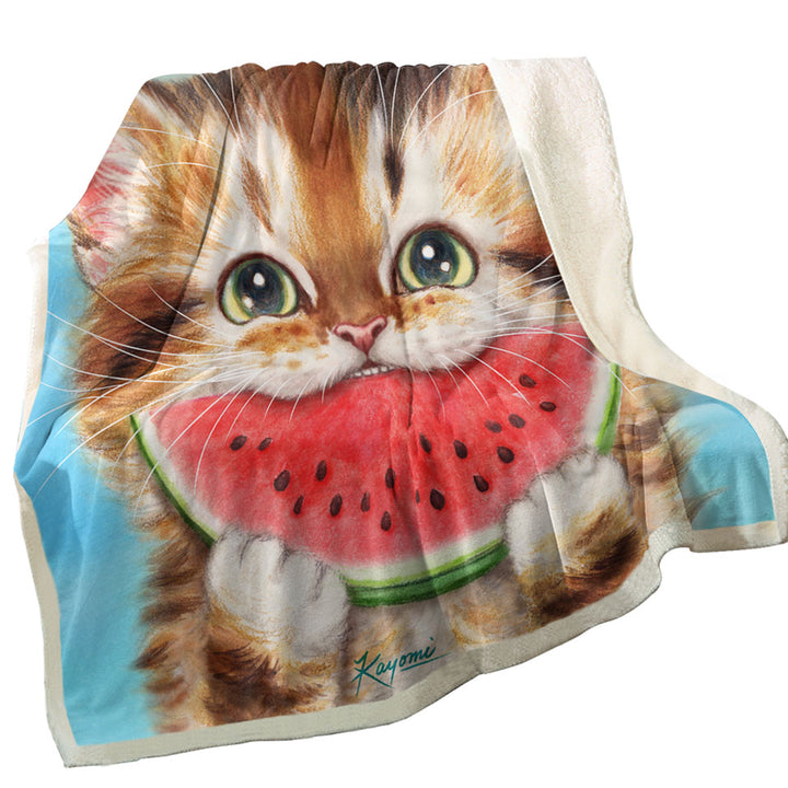 Unique Throws with Funny Paintings Watermelon Love Hungry Kitten