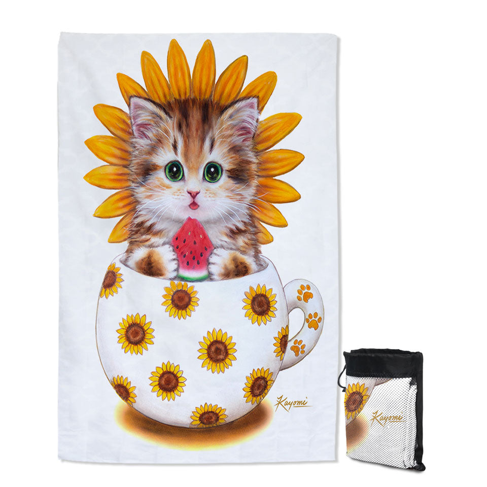 Unique Travel Beach Towel for Kids Cute Cat Art Paintings the Sunflower Cup Kitten