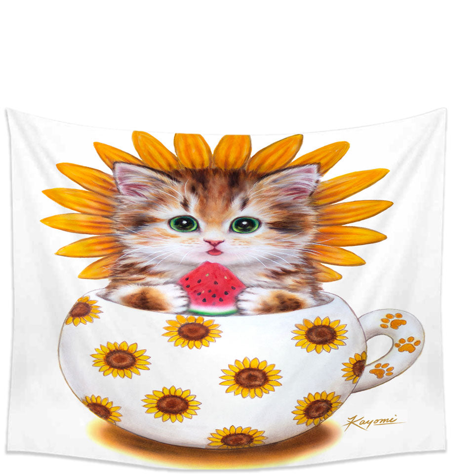 Unique Wall Decor Tapestries for Kids Cute Cat Art Paintings the Sunflower Cup Kitten