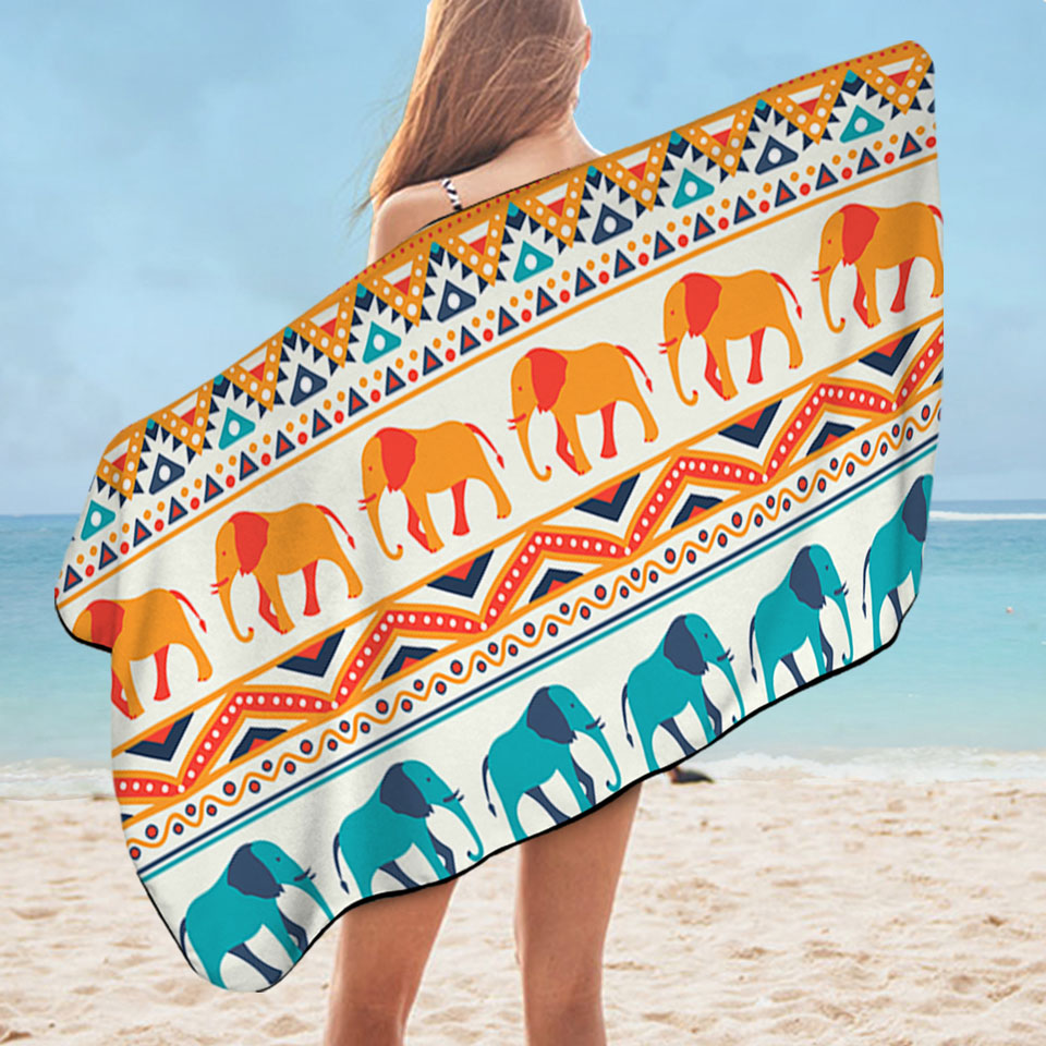 Unusual Beach Towels Blue Orange Elephants on African Design