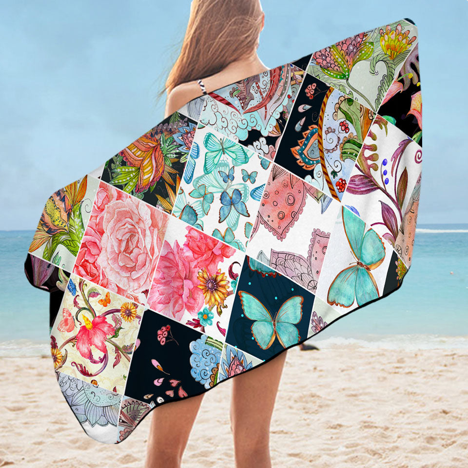 Unusual Beach Towels Rhombuses of Flowers and Butterflies