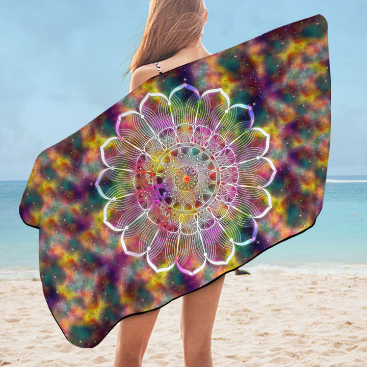 Unusual Beach Towels White Flower Mandala over Colorful Space