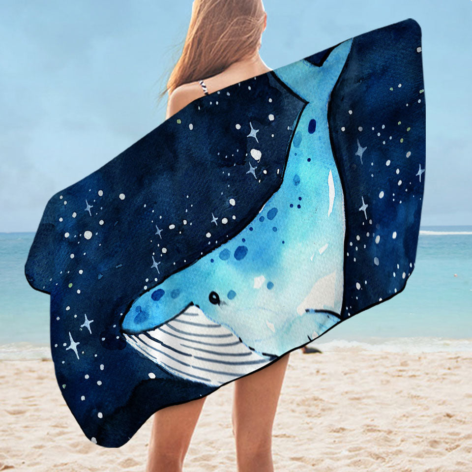 Unusual Beach Towels with Art Blue Whale over the Night Skies